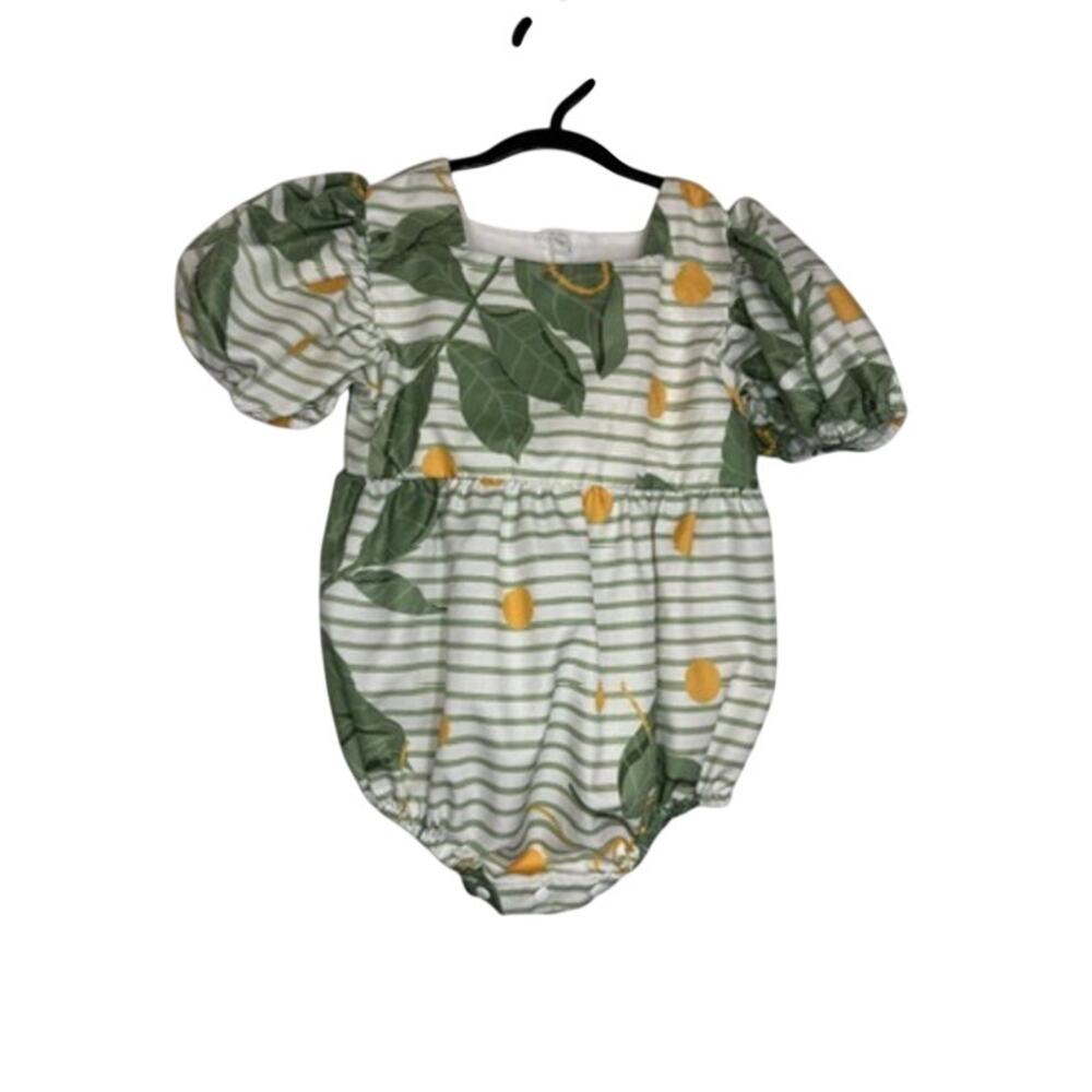 463. Mikistory Leaf Print Bubble Romper Size 9-12M Green/White
